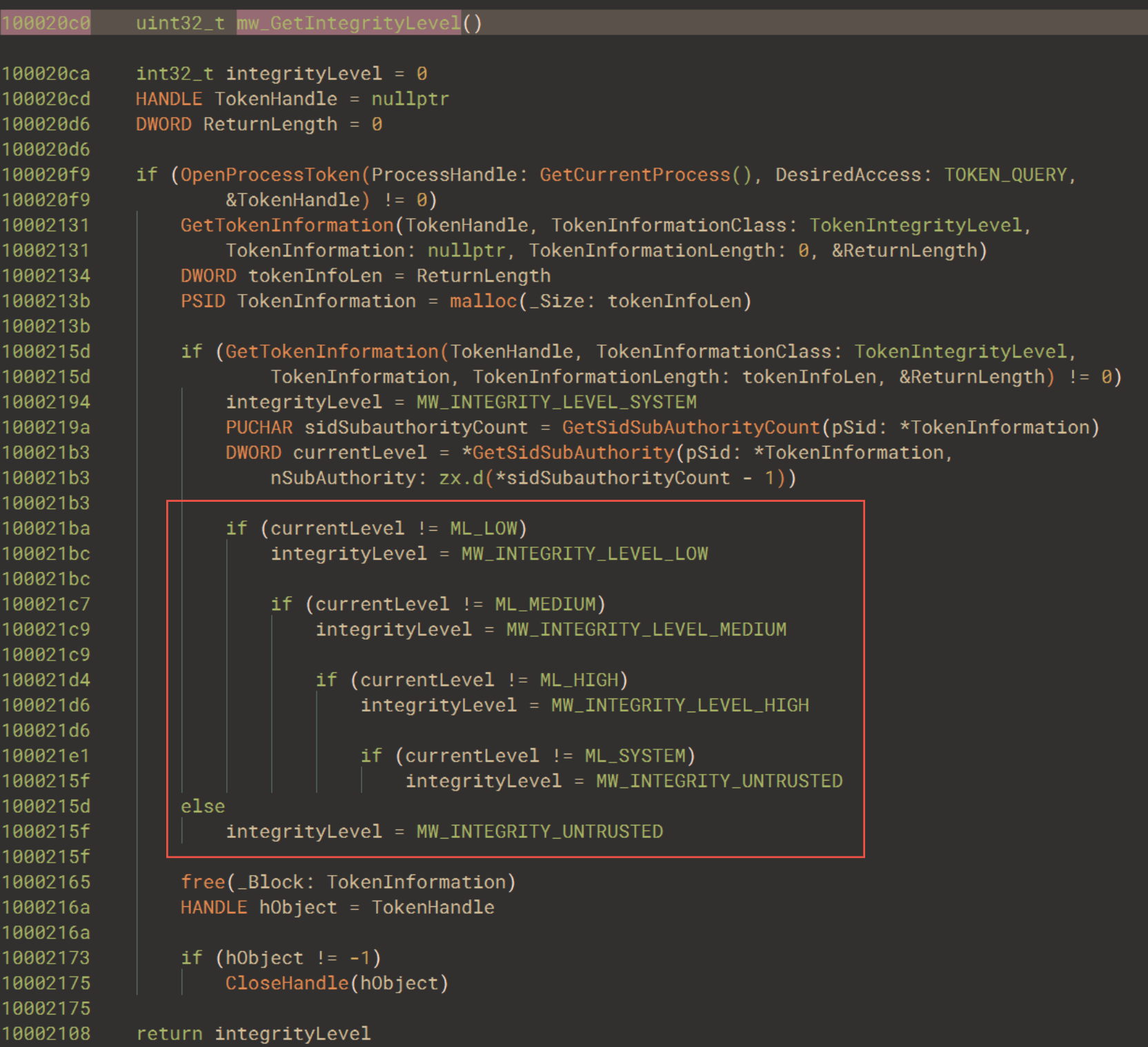 The routine used to gather information on the current integrity level of the running sample through multiple Windows APIs