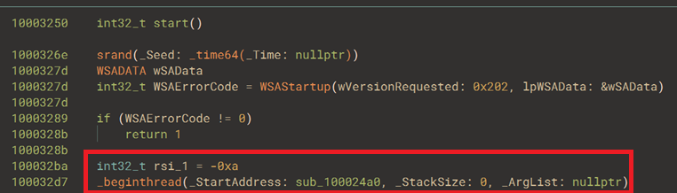 Exported start routine where we can see a call to &ldquo;_beginthread&rdquo;